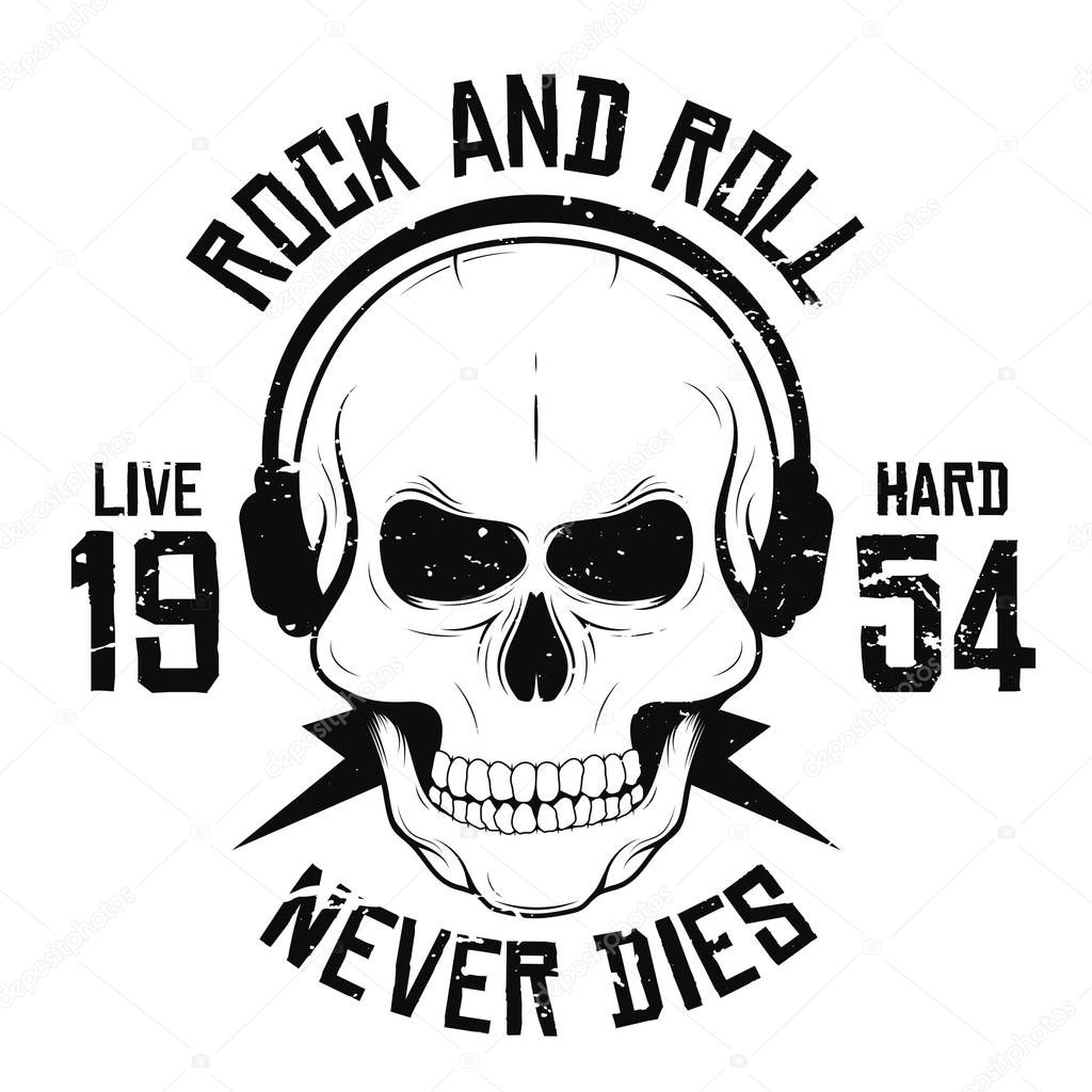 Rock and roll t-shirt graphic design with skull in headphones and lightning. Rock music slogan for t-shirt print and poster. Vintage skull with grunge texture