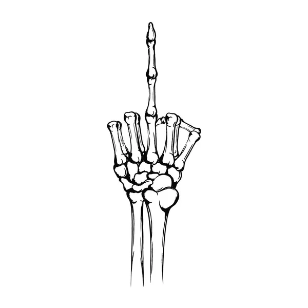 Hand av skelettet med upphöjda upp långfingret. Oförskämd gest, knulla dig, symbol. Hand dras mänsklig hand med ben isolerad på vit bakgrund. Vintage grunge teknik — Stock vektor