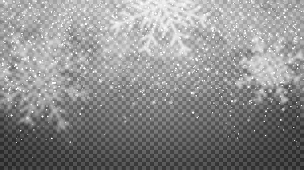 Queda de neve em fundo transparente. textura de neve, flocos de neve estão caindo, efeito de sobreposição transparente. neve de Natal realista —  Vetores de Stock