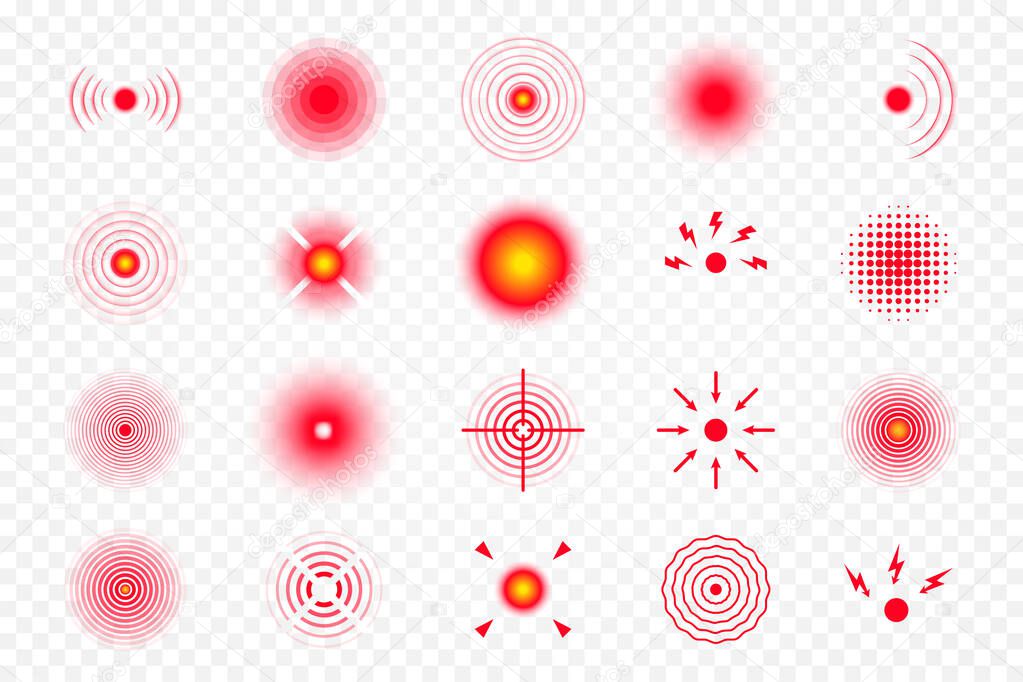 Pain localization mark, set of abstract symbols of pain. Red circles for marking human pain. Headache, hurt body part marker, muscular joint pain etc. Vector
