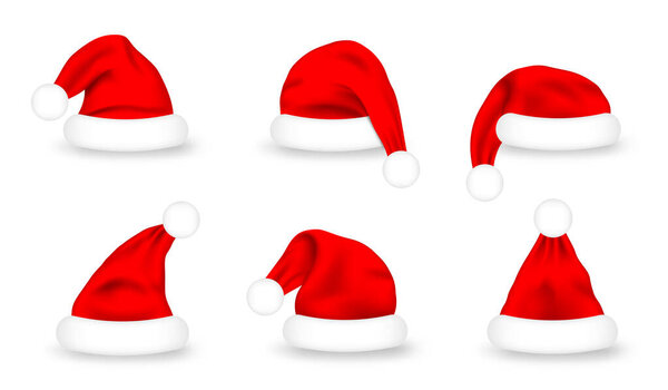 Set of Santa Claus hats. Realistic red Santa Claus caps on white background. Cute Christmas Santa hat for costume and mask, design element