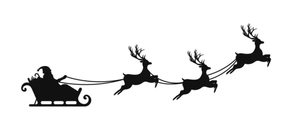 Santa Claus is flying in sleigh with Christmas reindeer. Silhouette of Santa Claus, sleigh with Christmas presents and reindeer — Stock Vector