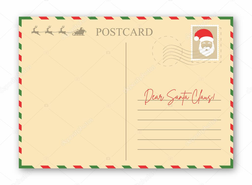 Christmas letter to Santa Claus. Vintage envelope, Christmas postcard template with Santa Claus, reindeer and empty space for text