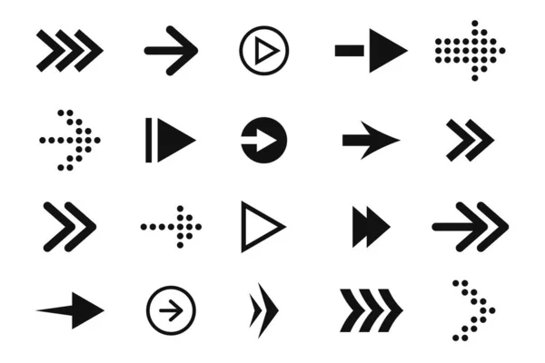 Reihe von Pfeilen, vorwärts und rückwärts. schwarze Pfeilsymbole und Piktogramme, Zeiger und Wegweiser. Gerade Pfeile für Webdesign — Stockvektor