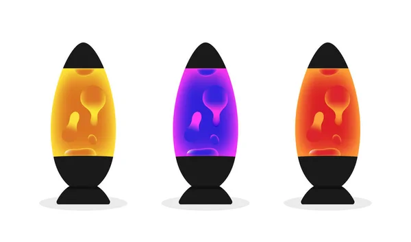 Lámpara de lava con burbujas fluidas de colores. Conjunto de lámparas de lava retro con formas abstractas luminosas — Vector de stock