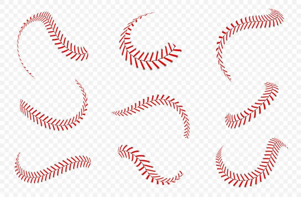 Laços de bola de beisebol ou costuras definidas. Stitches de beisebol com fios vermelhos — Vetor de Stock
