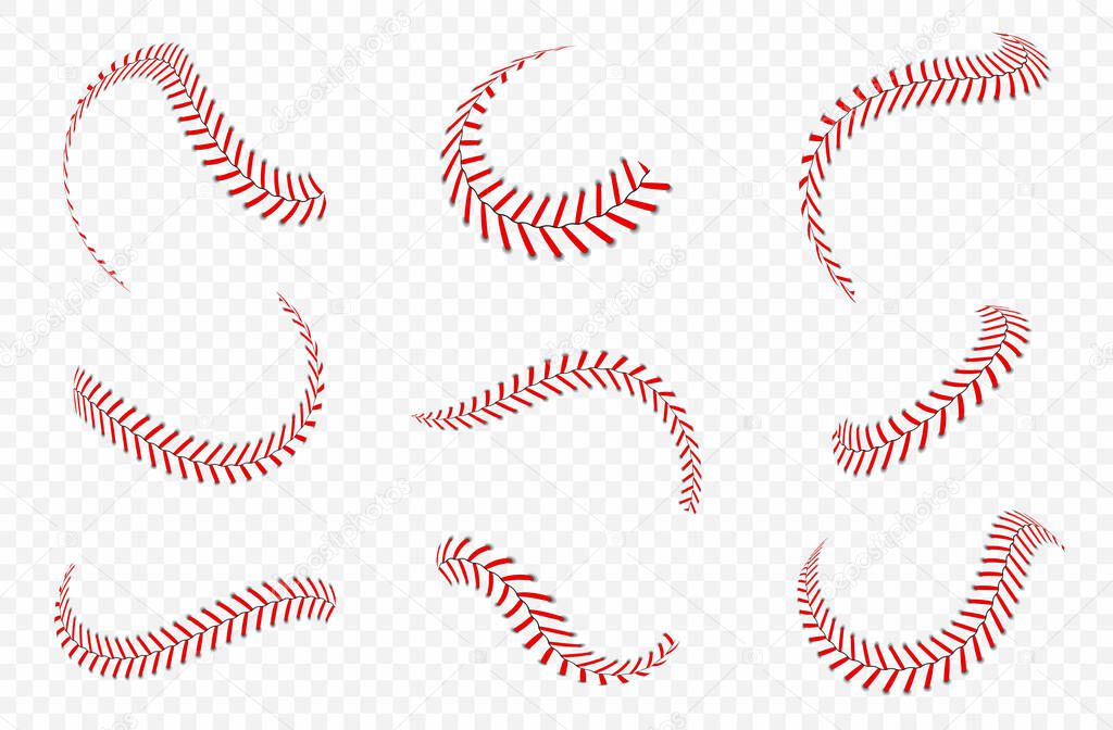 Baseball ball laces or seams set. Baseball stitches with red threads. Vector