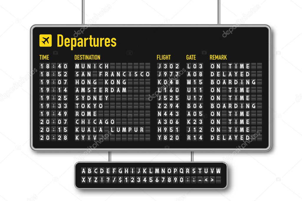 Departure and arrival board, airline scoreboard, mechanical split flap display. Flight information display system in airport. Airport style alphabet with numbers