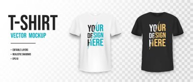 Siyah beyaz tişört maketi. Kısa kollu gerçekçi gömleğin maketi. Tasarım için boş alanı olan boş t-shirt şablonu