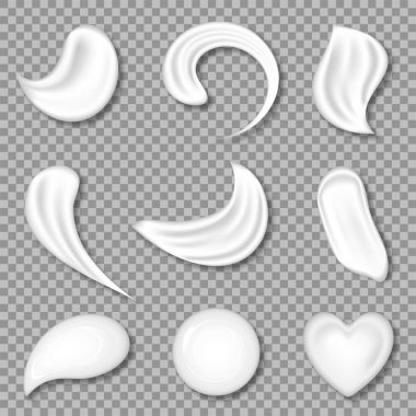 Kozmetik krem dokusu, beyaz jel, diş macunu ya da losyon dokusu. Gerçekçi krem lekeleri ve damlalar seti, şeffaf arkaplanda izole edilmiş kozmetik örnekleri