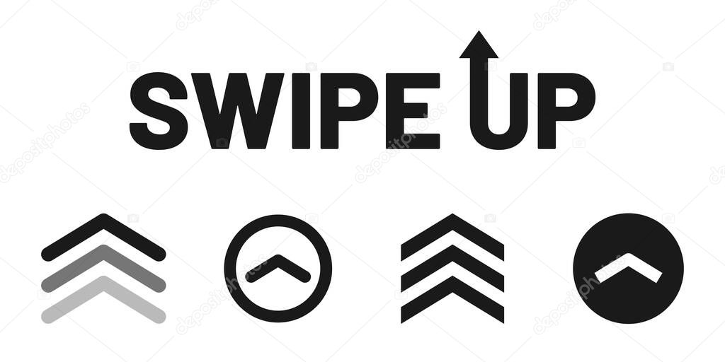 Swipe up, set of buttons for social media. Arrows, buttons and web icons for advertising and marketing in social media application. Scroll or swipe up