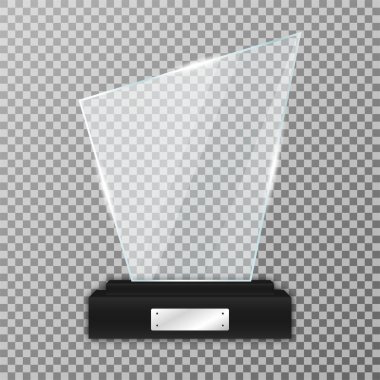 Glass trophy award on black stand. Realistic glass trophy with glares and light. Acrylic and glass texture