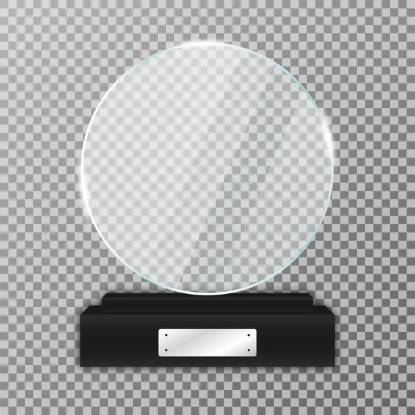 Premio trofeo di vetro su stand nero. Trofeo in vetro realistico di forma rotonda con riflessi e luce. Struttura in acrilico e vetro — Vettoriale Stock