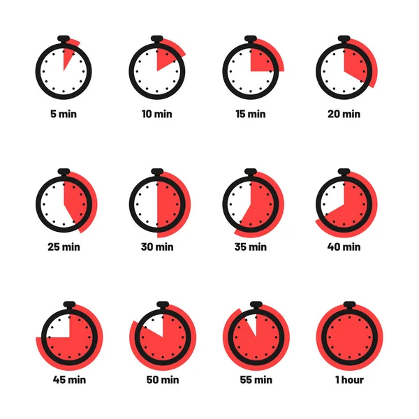 ชุดไอคอนตัวจับเวลาและนาฬิกาจับเวลา ไอคอนตัวจับเวลาในครัวที่มีนาทีที่แตกต่างกัน สัญลักษณ์เวลาทําอาหารและเครื่องหมาย — ภาพเวกเตอร์สต็อก