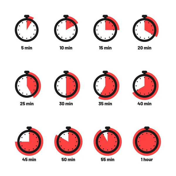 Set van timer en stopwatch pictogrammen. Keuken timer pictogram met verschillende minuten. Kooktijd symbolen en etiketten — Stockvector