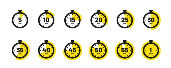 Set of timer and stopwatch icons. Kitchen timer icon with different minutes. Cooking time symbols and labels — Stock Vector