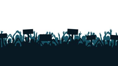 Protest and strike, demonstration and revolution concept. Silhouettes of crowd of people with raised up hands and flags. Political and human rights protest. Vector clipart