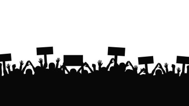 Protesto ve grev, gösteri ve devrim konsepti. Kaldırılmış elleri ve bayrakları olan insanlardan oluşan siluetler. Siyasi ve insan hakları protestoları. Vektör