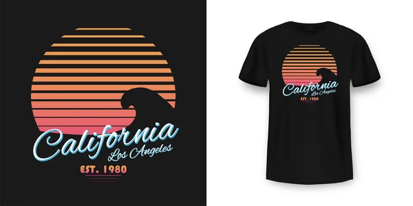 Güneş Okyanus Dalgası Desenli Klasik Tişört Tasarımı Kaliforniya Tipografisi Gömlek — Stok Vektör