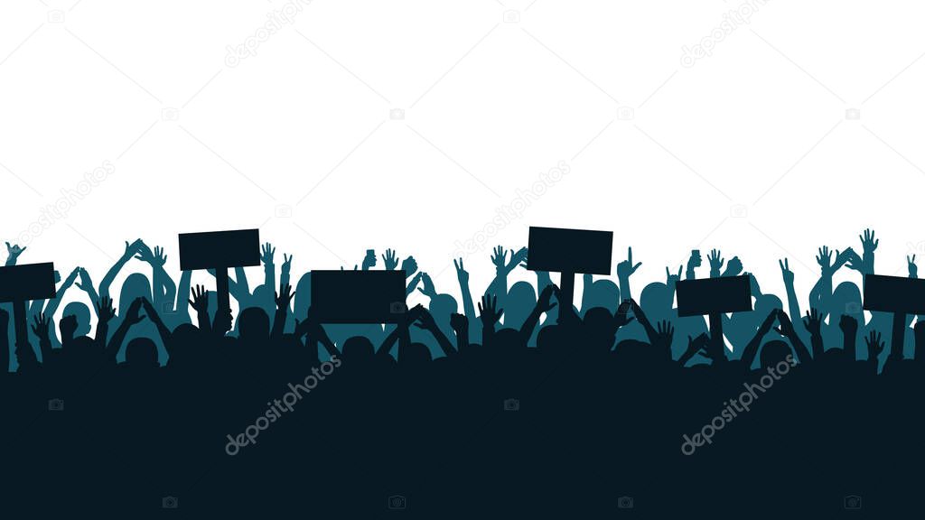 Protest and strike, demonstration and revolution concept. Silhouettes of crowd of people with raised up hands and flags. Political and human rights protest. Vector