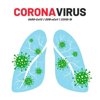 Coronavirus hastalığı, insan ciğerlerinde korona virüsü. Roman Coronavirus salgını, ncov-19, Covid-19. Mikroskop altında virüslü insan ciğerleri, bilgi grafikleri için elementler. Vektör
