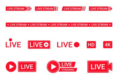 Canlı yayın ikonları seti. Kırmızı semboller ve canlı yayın, yayın, online yayın düğmeleri. Televizyon, gösteriler, filmler ve canlı performanslar için düşük üçüncü şablon. Vektör