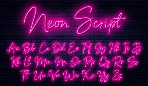 Parlak neon alfabe. Büyük ve küçük harfli neon yazı tipi. Neon ışık efektli el yazısıyla yazılmış İngilizce alfabesi. Vektör