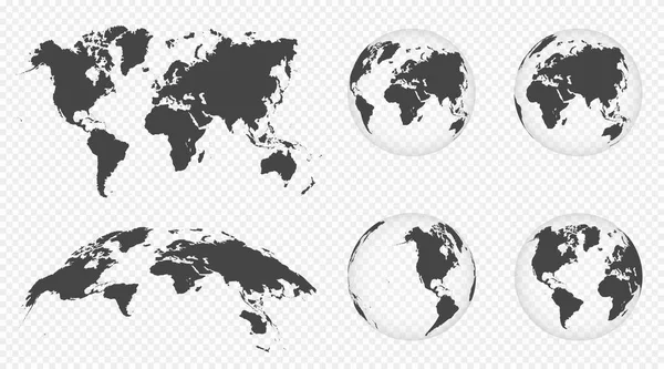 Conjunto Globos Transparentes Terra Modelo Mapa Mundial Com Continentes Mapa —  Vetores de Stock