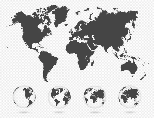 地球の透明な球のセット 大陸と世界地図テンプレート 透明な質感と影を持つ地球の形で現実的な世界地図 概要3D地球アイコン ベクトル — ストックベクタ