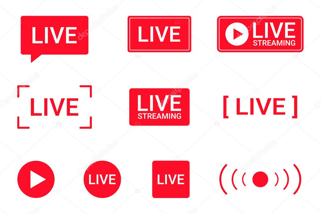 Set of live streaming icons. Red symbols and buttons of live streaming, broadcasting, online stream. Lower third template for TV, shows, movies and live performances. Vector