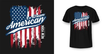 Amerikan bayrağı ve grunge desenli tişört grafik tasarımı. New York şehri tipografi tişörtü ve giyim tasarımı. Tişörtün eski ve otantik baskısı. Vektör