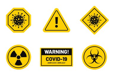 Coronavirus salgını, korona virüsü uyarısı ve uyarı işareti. Coronavirus sendromu, COVID-19. Biyolojik tehlike ve koronavirüs belirtisi. Vektör