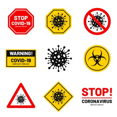 Coronavirus salgını, korona virüsü uyarısı ve uyarı işareti. Coronavirus sendromu, COVID-19. Biyolojik tehlike ve koronavirüs belirtisi. Vektör