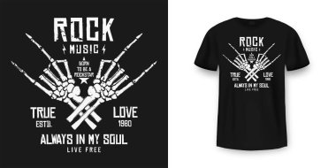 Rock music t-shirt graphic design with skeleton. Rock music slogan for t-shirt print and poster. Skeleton hands with grunge texture in vintage and hipster style. Vector clipart