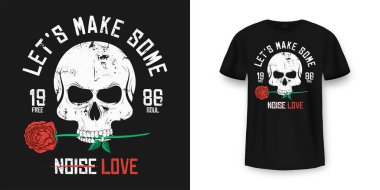 Rock and Roll t-shirt design. Skull is biting and holding red rose. Vintage rock music style graphic for t-shirt print, slogan t-shirt print. Vector clipart