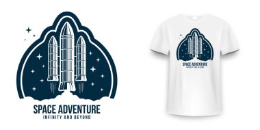 Uzay gemisi olan uzay rozeti, roket fırlatma. Klasik astronot etiketi, yama ya da tişört baskısı için nakış. Uzay konseptinde tişört grafiği. Vektör
