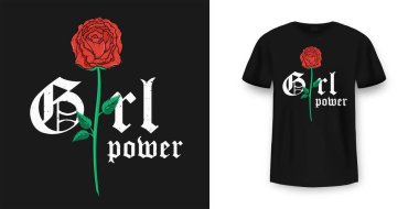 Slogan: Kırmızı güllü tişört grafik tasarımı. Tee print için kadın tipografisi. Slogan tişörtü, klasik tarzda basılmış. Vektör