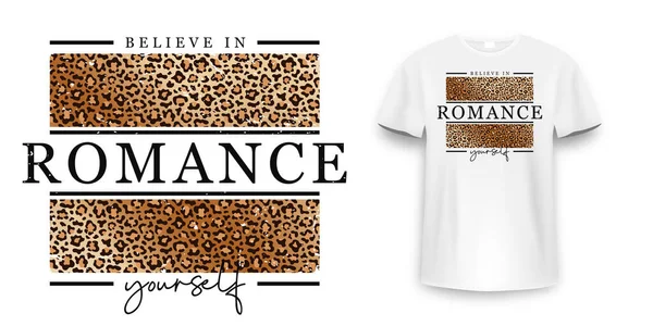 ヒョウ柄のTシャツデザイン ヒョウ柄の肌の質感とスローガンTシャツ あなた自身を信じなさいTシャツのグラフィックプリント ベクトル — ストックベクタ