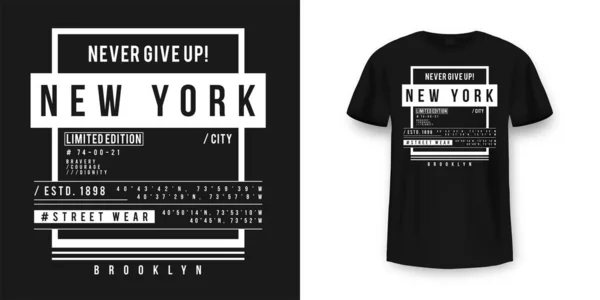 ミニマルなスタイルでTシャツのグラフィックデザイン ニューヨーク市のタイポグラフィTシャツとアパレルデザイン 都会的で本格的なプリントのTシャツモックアップ ベクトル — ストックベクタ