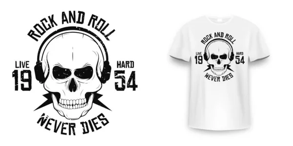 Projeto Gráfico Shirt Rock Roll Com Crânio Slogan Música Rock —  Vetores de Stock