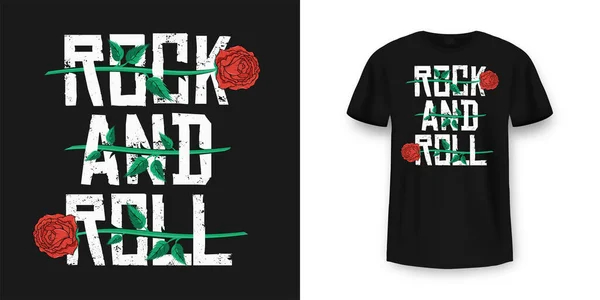 Rock Roll Shirt Design Röda Rosor Mellan Typografi Vintage Rock — Stock vektor