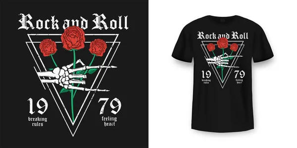 Rock Roll Tişörtü Tasarımı Skelet Kırmızı Gülleri Tutuyor Klasik Rock — Stok Vektör