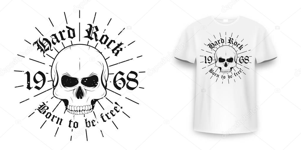 Rock and roll t-shirt graphic design with skull. Rock music slogan for t-shirt print and poster. Skull with grunge texture in vintage and hipster style. Vector