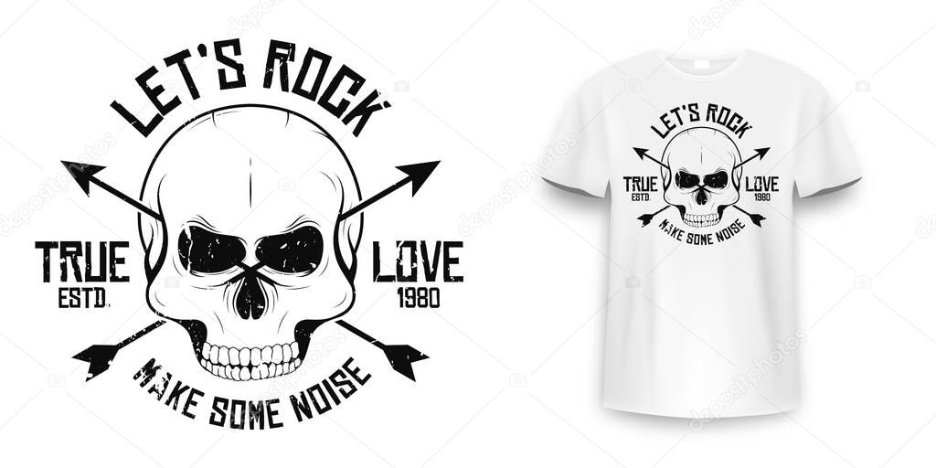 Rock and roll t-shirt graphic design with skull. Rock music slogan for t-shirt print and poster. Skull with grunge texture in vintage and hipster style. Vector