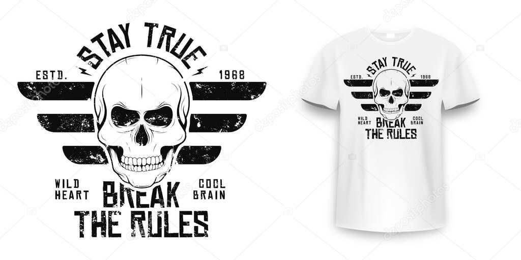 Rock and roll t-shirt graphic design with skull. Rock music slogan for t-shirt print and poster. Skull with grunge texture in vintage and hipster style. Vector