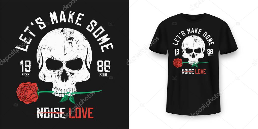 Rock and Roll t-shirt design. Skull is biting and holding red rose. Vintage rock music style graphic for t-shirt print, slogan t-shirt print. Vector