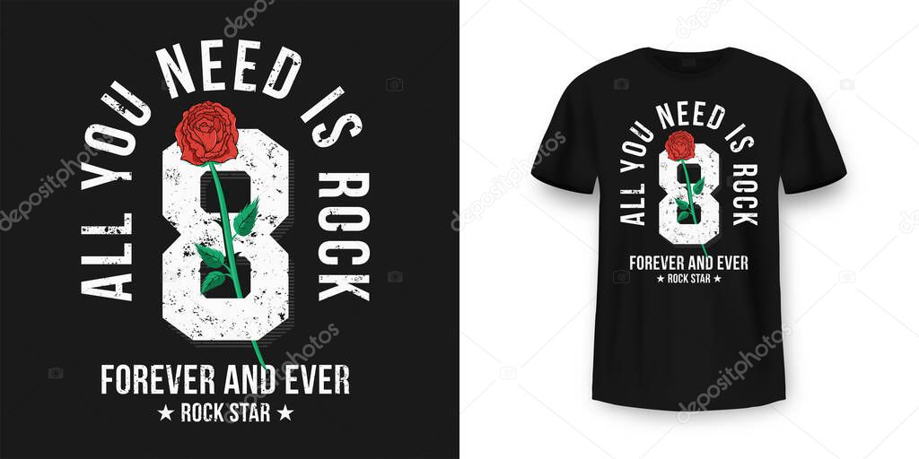 Rock and Roll t-shirt design. Red roses between typography. Vintage rock music style graphic for t-shirt print, slogan t-shirt print. Vector