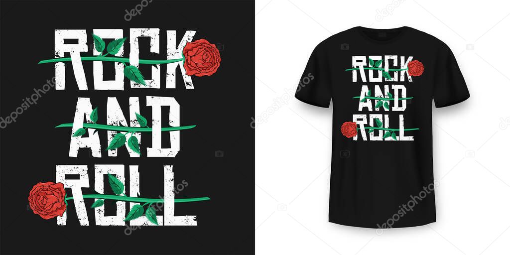 Rock and Roll t-shirt design. Red roses between typography. Vintage rock music style graphic for t-shirt print, slogan t-shirt print. Vector