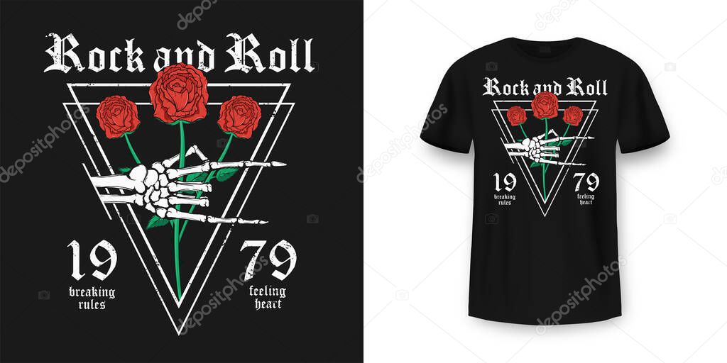 Rock and Roll t-shirt design. Skeleton hand is holding red roses. Vintage rock music style graphic for t-shirt print, slogan t-shirt print. Vector