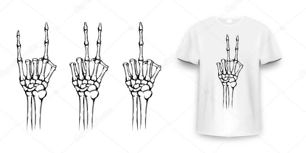 T-shirt design with skeleton hands. Vintage typography for tee print, skeleton hand with different gestures. Hand drawn human hands with bones fo tee print. Vector
